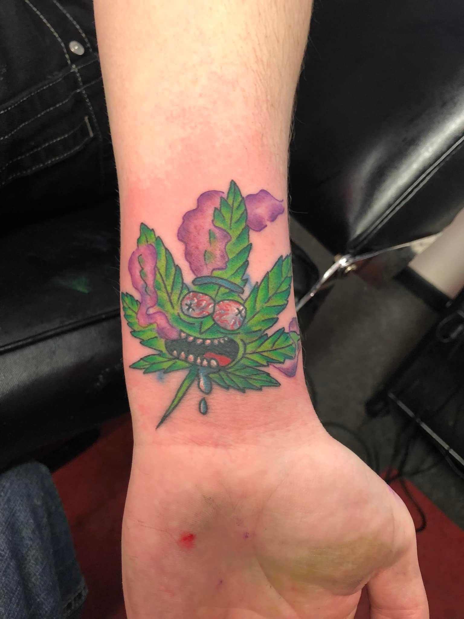 Rick and Morty cannabis leaf tattoo